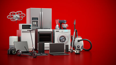 194722796-group-of-home-appliances-and-consumer-electronics-standing-on-red-background-3d-illustration